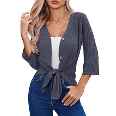 Witsmile 7부 소매 버튼 다운 셔츠 여성용 니트 튜닉 블라우스 타이 매듭 탑 캐주얼 플레인 셔츠 씨 블루 S