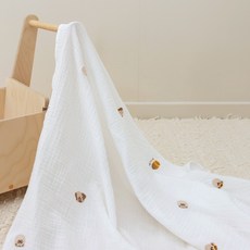 bamiblanc 熊家族雙層毯子純棉紗布嬰兒夏季毯子四季用, 白色