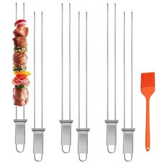 Suiwotin 6pcs Stainless Steel Kabob Skewers - 16.5\" Double Pronged Reusable BBQ Skewer with Push B, 16.5 Inch, 6