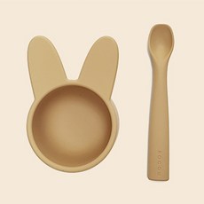 rocoo 嬰兒輔食碗勺套組 矽膠防摔兒童餐具, 奶油黃兔子碗 含勺子, 1個, 如圖所示
