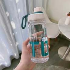 대용량 플라스틱 물병 누출 방지 여행 주전자 핸들 스트랩 포함 투명 경량 0.6L 1L, 02 White 600ML