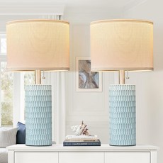 Reaketon 50.8cm(20인치) 침실용 소형 세라믹 테이블 램프 2개 세트 나이트 스탠드용 모던 램프 거실 홈 오피스 및 복도용 농가 화이트 305226 83485, 하늘색