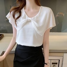 COSYEVNO 여성 여름 반팔 쉬폰 블라우스 리본 얇은 블라우스 블라우스