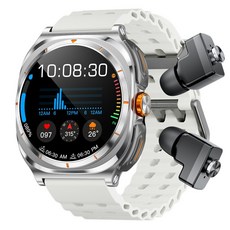 신형 1.53인치 스마트워치 블루투스 이어폰 2합일 심박수 수면 모니터링 대형 블루투스 듀얼 통화 다기능 시계., 흰색, 3.89cm