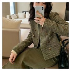 DZX 여성 클래식 긴팔 트위드 자켓 라운드넥 패션 점퍼