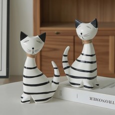 갬성더한 귀여운 미니 고양이 인테리어 장식품 선물 오브제 2종세트 북유럽소품 집들이선물, 스트라이프(블랙+화이트)
