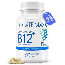 FolateMaxx L 메틸폴레이트 15mg 플러스 B12 메틸 - 60캡슐 - 5-MTHF 기분 메틸화 및 인지를 위한 B12 메틸코발라민 보충제 포함 - 비타민 B9 및, FolateMaxx L 메틸폴레이트 15mg 플러스 B, 1개, 60