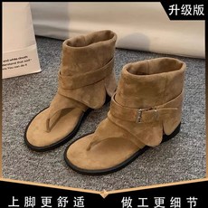 艾斯臣韓系平底羅馬涼鞋 2025夏季新款夾趾短筒涼靴, 卡其色-升級版【99%小姐姐選擇】,40【標準碼】