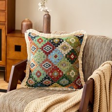 美式復古風棉麻幾何抱枕套 客廳臥室沙發靠枕套, 彩色格子綠橙,45*45cm（含芯）