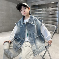AA1614 남아 키즈 주니어 초등 아동 가을 봄 간절기 면 혼방 청 데님 카라넥 조끼 베스트 데일리 자켓 아우터