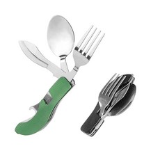 4-in-1 휴대용 접이식 식기 세트 컴팩트 나이프 포크 스푼 병따개 키트 스테인리스 스틸 식기 캠핑 하이킹 여행용 (블랙 + 그린), 블랙 + 그린, 1개