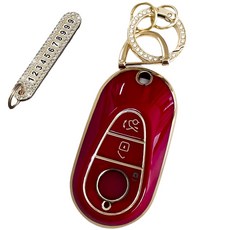 Lulu兄弟 賓士相容汽車鑰匙套+號碼鑰匙圈, AZ-03, 深紅色