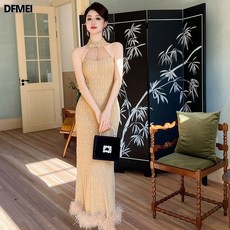 DFMEI 여성 세미 치파오 롱 원피스 홀터넥 슬림 퍼 원피스 20959