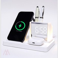 901M 디지털시계 조명 무선충전기 멀티충전기 스탠드연필꽃이겸용 멀티고속충전기 감각적디자인, 블랙-단품, 1개
