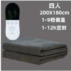 四人加大尺寸電熱毯 200x180cm 九檔調溫 1-12小時定時, 美標110V灰色200x180雙控定時1-9檔