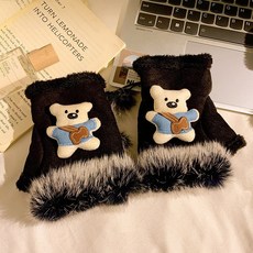 日系秋冬咖色毛絨手套 女款保暖刷毛加厚 可愛星星半指露指y2k小熊