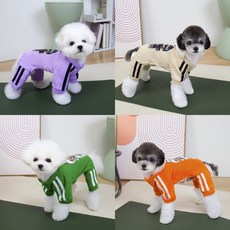 마일로앤코코 스트라이프 강아지 올인원 애견 츄리닝 트레이닝복 겨울옷 가을옷 실내복 잠옷 기모 외출복 산책옷, 1개, 퍼플