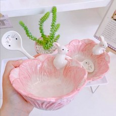 可愛兔兔陶瓷碗 造型餐具, 1個, 白菜碗 - 粉
