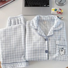 藍格紋線條小狗珊瑚絨保暖睡衣 法蘭絨睡衣女 秋冬加絨加厚長袖長褲家居服套裝 可愛睡衣 兩件套 休閒居家服