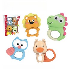 嬰兒手搖鈴 寶寶安撫玩具 抓握訓練固齒器, 1個, 可愛卡通動物四件套組