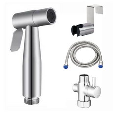 플로메리아 스테인레스 욕실 스프레이건 풀세트 티밸브포함 고압 욕실건 미니건 화장실 변기 찌든때 구석 청소건 샤워기 샤워건 스텐청소건 베란다, 실버, 1세트