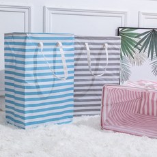 [이더블유] 대용량 접이식 다용도 빨래 바구니 수납함 정리함 세탁물 빨래통 분리수거함, 스트라이프 바구니 핑크