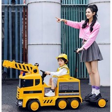 유아 전동 소방 차 리모컨 원격제어 구조대 크리스마스, 드라이브 4개 + 긴 배터리 수명 + 평생 보증, 노란색 크레인 루프+소프트 휠 가죽 시트