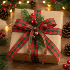 DUGN 크리스마스 성탄절 선물 포장 리본, 체크 레드그린 1.0cm 15YD, 1개