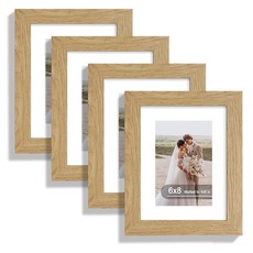 HongKee Hongkee 15.2 x 20.3cm(6 8인치) 사진 액자 4개 세트 진짜 유리와 천연 오크 프레임으로 제작 - 매트가 있는 디스플레이 그림 10.2x15., 6인치 x 8인치