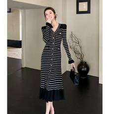 니트 브이넥 롱원피스 부클 빅사이즈 프리사이즈 임산부 골지, 블랙