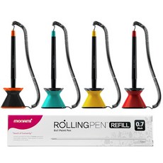 모나미 테이블 스탠드 부착형 롤링펜 4개 (블랙 민트 옐로우 레드 각 1) + 롤링펜 리필심 1갑(12개입), 1세트
