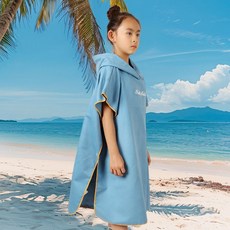 兒童吸水巾連帽斗篷游泳浴巾浴袍速幹吸水浴巾柔軟毛巾成人沙灘巾, 活潑青綠,兒童款 70*80cm, 1個