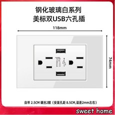 118型強化玻璃插座 內建USB充電面板(2.1A/3.1A) 美式美規牆壁插座 手機充電更便利, 1個, 白色玻璃網路