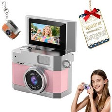 2026 새 미니 디지털 카메라 1.47인치 플립 LCD 화면 1080p 레트로 CCD 32/64/128GB 카드 키체인 목걸이 포함 인생의 아름다운 순간을 기록하세요 (핑크, 64GB, 핑크