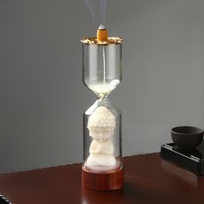 倒流香爐 玻璃 香薰爐 檀香爐 蓮花香託 禪意 觀煙 檀香爐, 1個, 花梨木-沙漏倒流香爐+象牙果如來