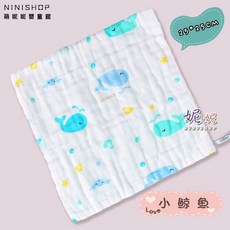 六層紗布口水巾小方巾：柔軟吸水、多用途、兒童洗臉巾、幼兒園必備, 1個, B-15-小鯨魚【25*25】, 白色