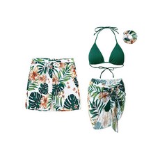 PATPAT 커플을 위한 매칭 수영복 - 스파게티 스트랩 비키니 세트 및 트렁크 하와이안 비치 수영복 녹색 꽃. 206666