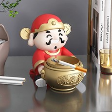 喜慶財神爺煙灰缸 - 家用客廳辦公室桌面擺件 開業喬遷禮物, 財神爺煙灰缸擺件-紅色【高17cm】, 1個