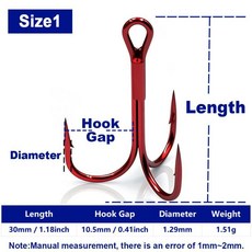 피쉬트립 레드 트레블 훅 라운드 바브드 고강 트리플 배스 송어 바닷물용, 7. Size 1