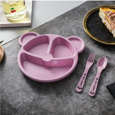 創意卡通小麥分格小熊兒童餐盤寶寶分格盤早餐盤送叉勺輔食盤子, 1個, (粉)餐盤--送勺+叉:如圖