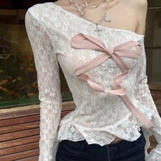 甜美 氣質 小飛袖 收腰 蝴蝶結拚接花邊短裙 辣妹方口領印花圍裙 套裝 女, 1個, 白色 上衣,M