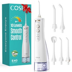 COSLUS 코슬루스 10 모드 무선 구강세정기 IPX7 급방수 + 5개노즐팁, 화이트, E40 화이트, E40