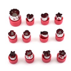 12件套不鏽鋼蔬菜切模，水果切花模，餅乾壓模，多功能蔬果切模具組, 1個, 12件套蔬果切模(紅色護套), 紅色