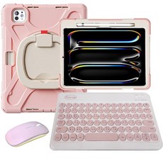 Powerway 適用於2024 iPad Pro 11吋(M4) 圓環型藍牙鍵盤保護殼套組 (含同色無線滑鼠) 輕巧便攜, 櫻花粉(粉色鍵帽/粉色滑鼠/粉色包護殼), 尊貴黑(黑色鍵帽/黑色滑鼠/黑色包護殼)、翡翠綠(綠色鍵帽/綠色滑鼠/綠色包護殼)、櫻花粉(粉色鍵帽/粉色滑鼠/粉色包護殼)、藏青黃(藍色鍵帽/藍色滑鼠/藍色包護殼)