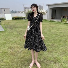 COSYEVNO 여자 여름 잔꽃 쉬폰 원피스 패션 슬림핏 A라인 미디 스커트