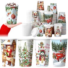 제리이 100세트 크리스마스 종이컵 일회용 12단위온스 뚜껑 있는 핫 초콜릿 컵 커피 홀리데이 차 워터 바 용품 겨울 시즌 진저브레드 맨 스타일, Vintage Rural Style