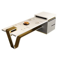 島臺餐桌一體龍擡頭高端定制異形腳嵌燈導臺桌家用巖闆中島臺伸縮餐檯長餐桌, 金色腳1.8m餐桌+0.8m島台