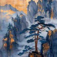 풍경화 블루 마운틴 나무 숲 소나무 사원 금빛 태양 포스터 캔버스 그림 인쇄, 16. 16