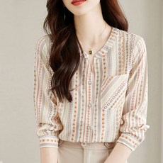 SAHINER 여성 블라우스 V넥 패턴 셔츠 긴팔 포켓 봄가을 오피스룩 ACS100