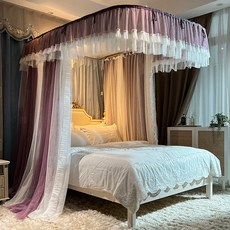 兒童床蚊帳 U型蚊帳 可伸縮 加大蚊帳 雙人蚊帳 防塵蚊帳 遮光蚊帳新款雙層導軌蚊帳家用u型軌道支架公主風可升降型, 導軌-雙層櫻花粉【單帳紗不含支架】,1.8*2.0米床【可升降】